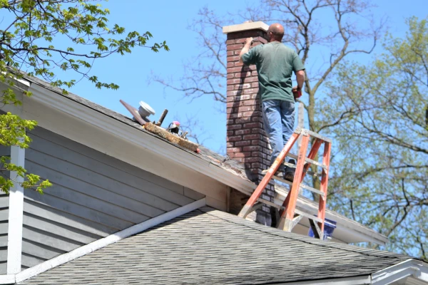 man on the roof inspecting chimney